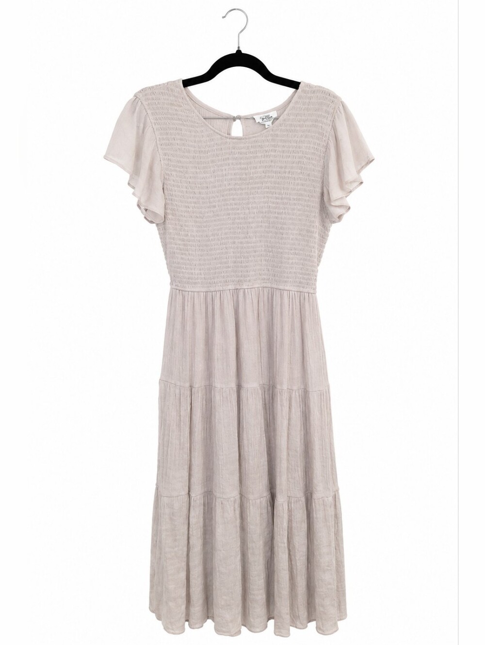 Beige Tiered Midi Dress Flutter Sleeve Textured Boho Cottagecore Women